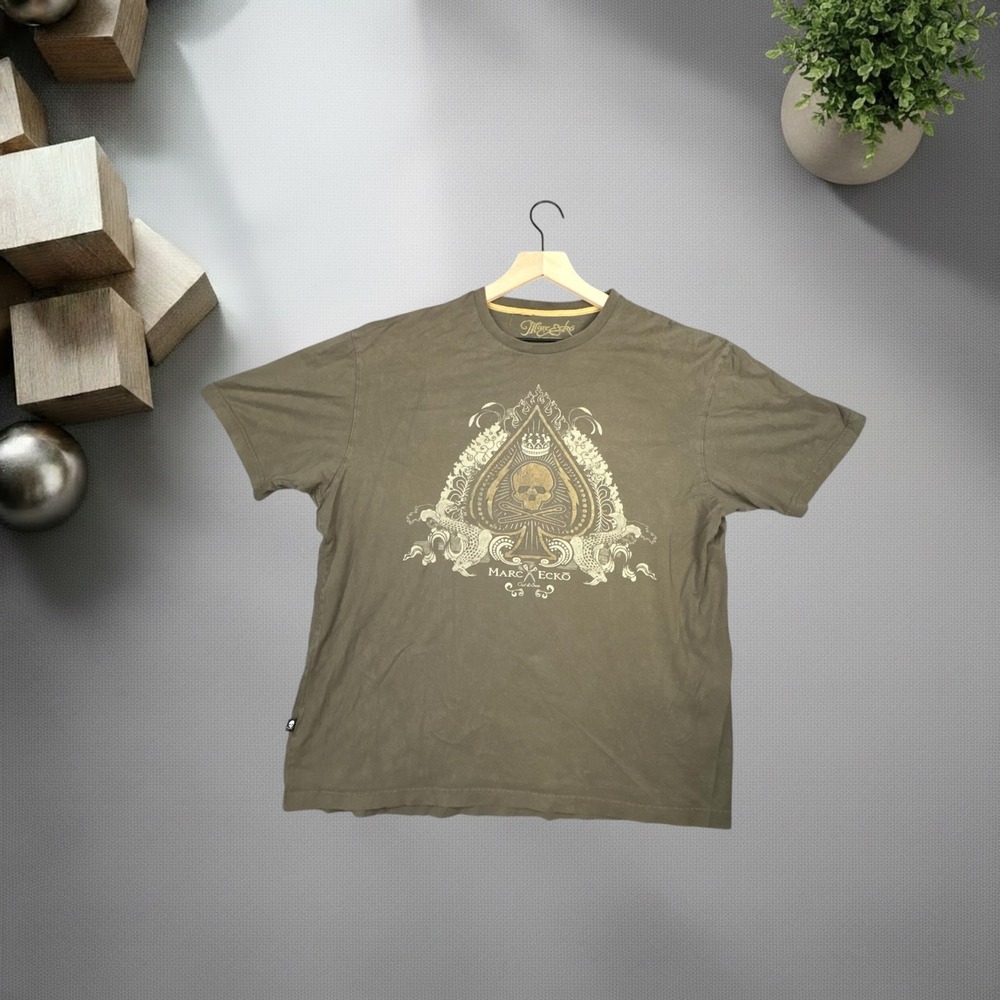 Marc Ecko Cut & Sew Skull Ace of Spades Graphic TShirt Olive Green XL Y2K Skater